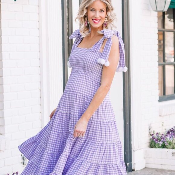 Dresses & Skirts - Gingham Purple/White Dress with Pom Pom Detail